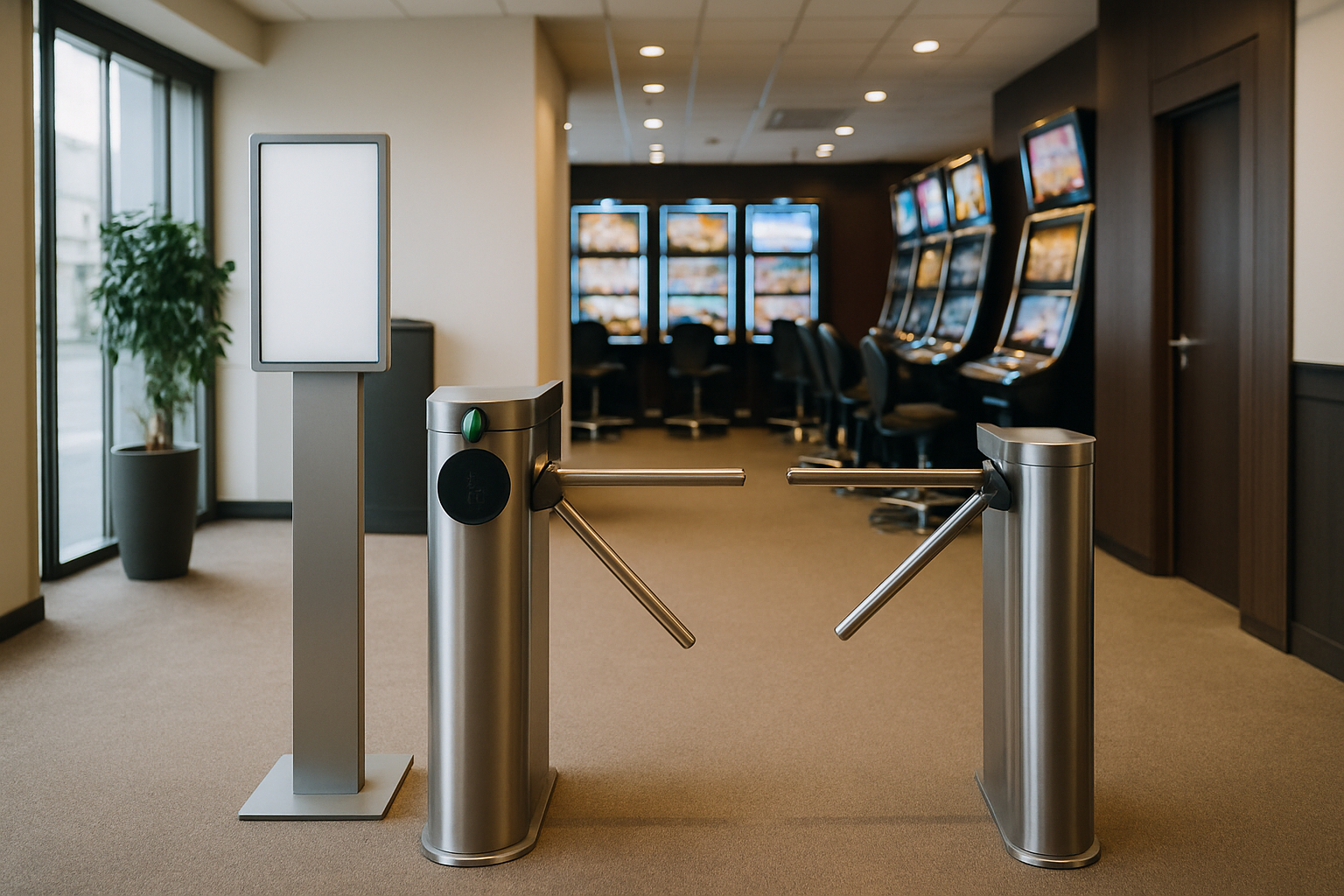 Sala da gioco moderna con area di ingresso controllata e ambiente ordinato