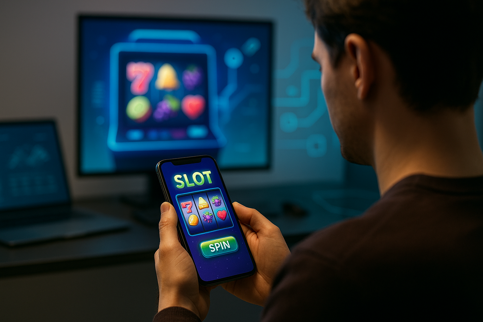 Uso di uno smartphone per slot digitali con atmosfera tecnologica e riflessiva