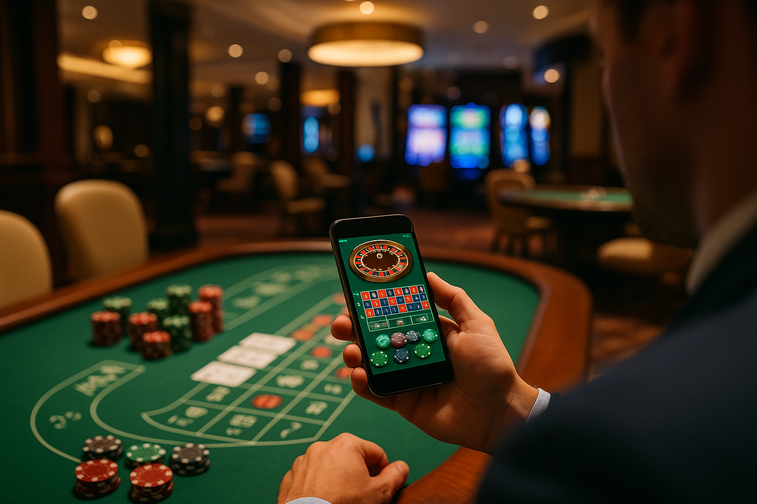 Transizione tra sala da casinò fisico e piattaforma di gioco online su smartphone