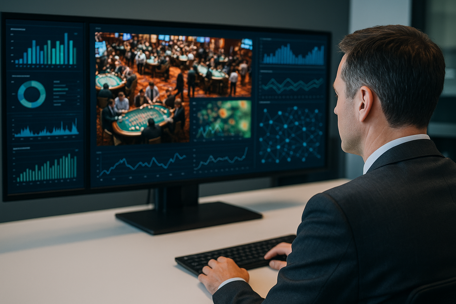 Sala controllo tecnologica con grafici astratti che rappresentano l’analisi dati nei casinò