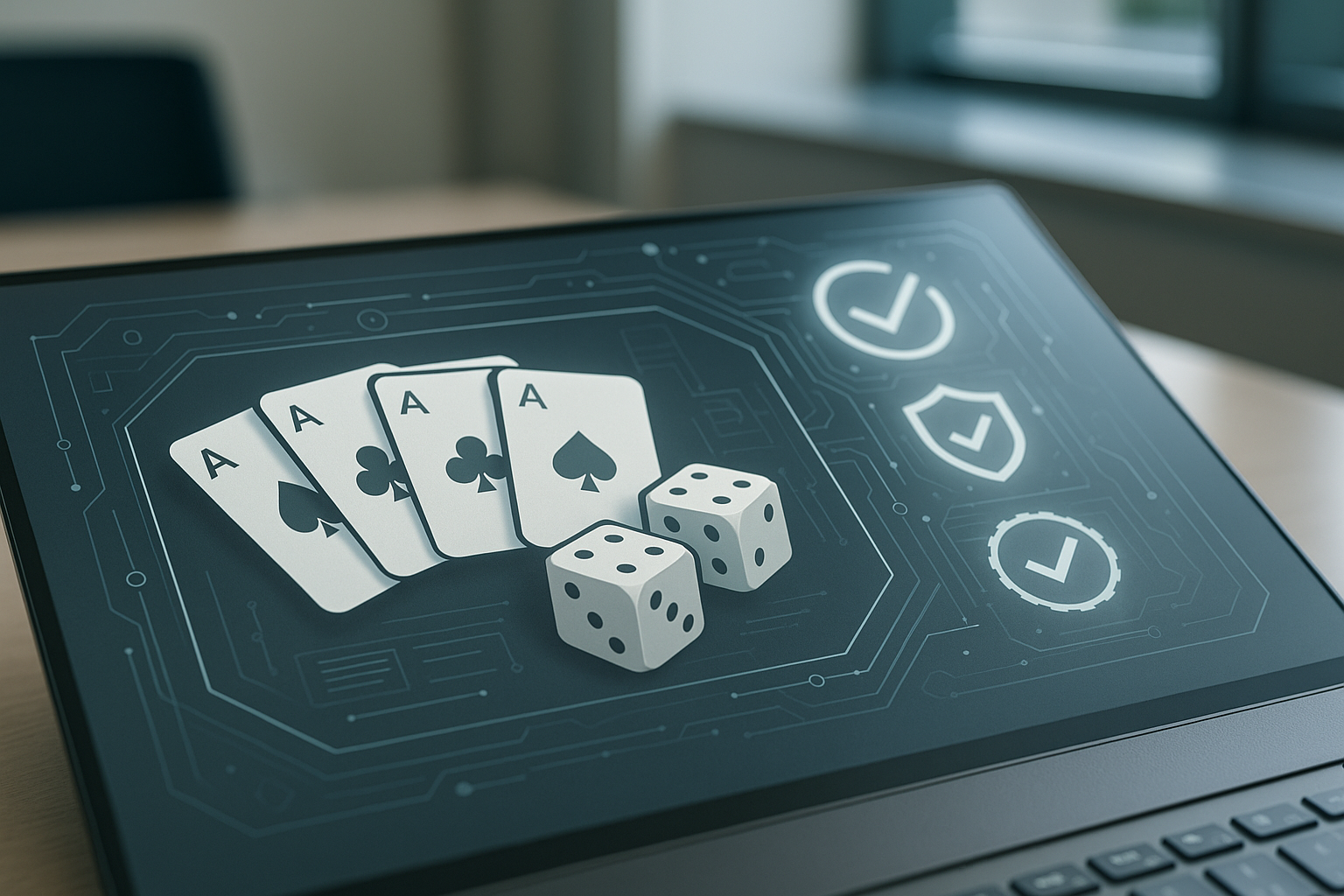 Illustrazione concettuale di giochi da tavolo online con controlli di certificazione e verifica della casualità