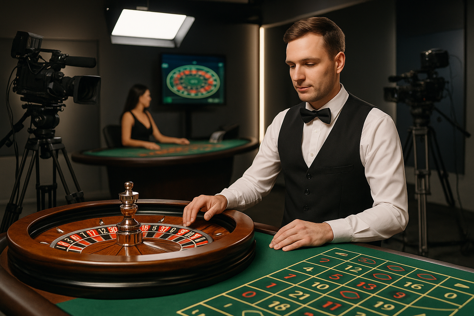 Studio di casinò live con croupier e tavolo da roulette ripreso da telecamere