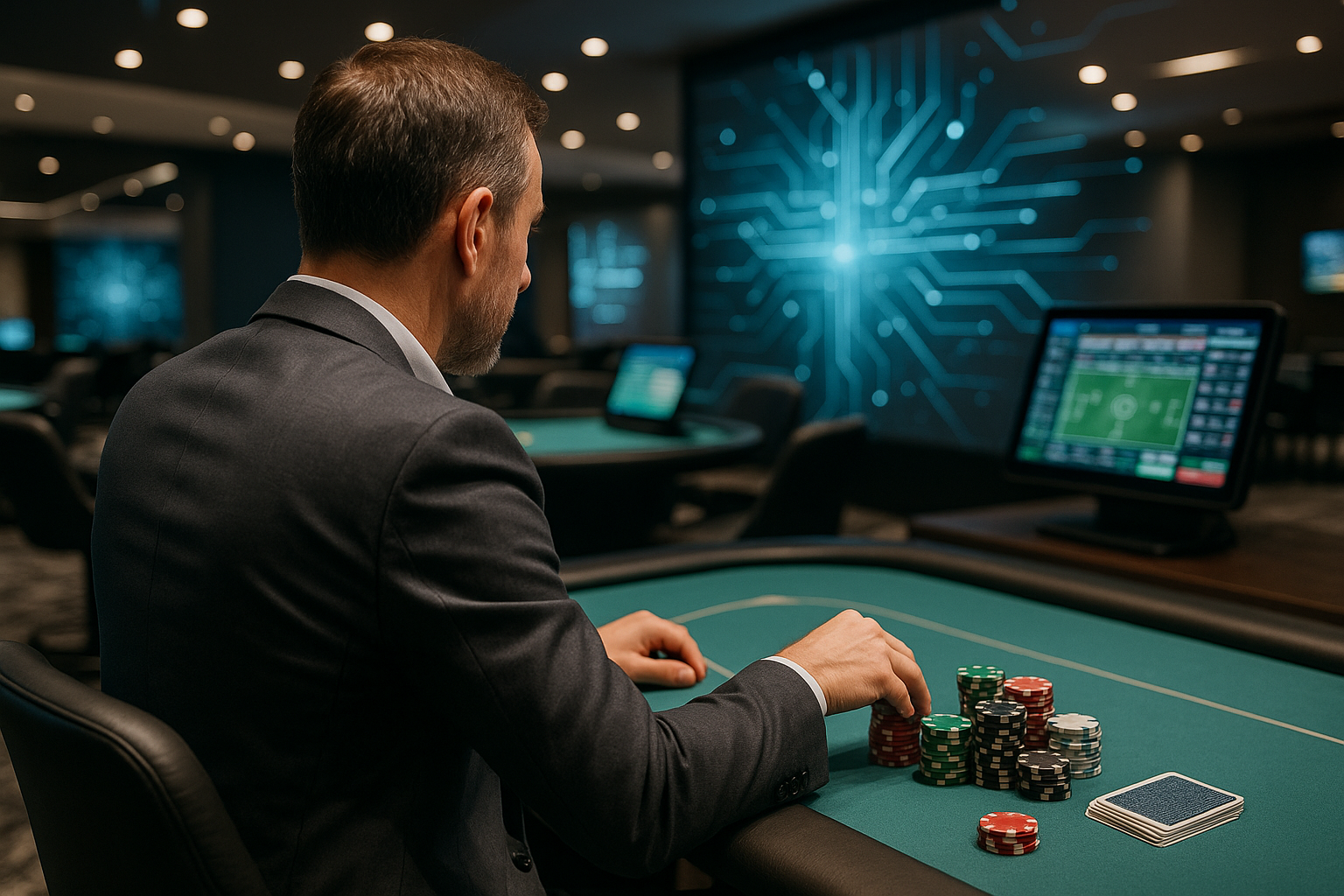 Casinò moderno con elementi digitali che rappresentano innovazione, regole e trasparenza