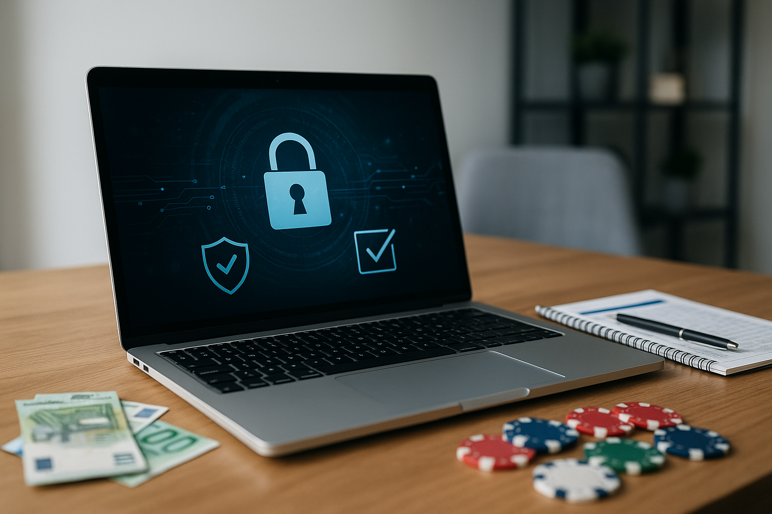 Laptop su scrivania con grafici di sicurezza digitale e icone di controllo legate al gioco online